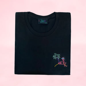 🦩 Retro Flamingo Black T-Shirt - Woman | Glows in the dark