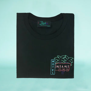 🌴 MIAMI INN MOTEL Black T-Shirt – Man – Unisex | Glows in the dark