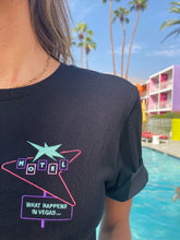 Load image into Gallery viewer, 🏩 MOTEL What Happens in Vegas... Black T-Shirt - Woman | Glows in the dark